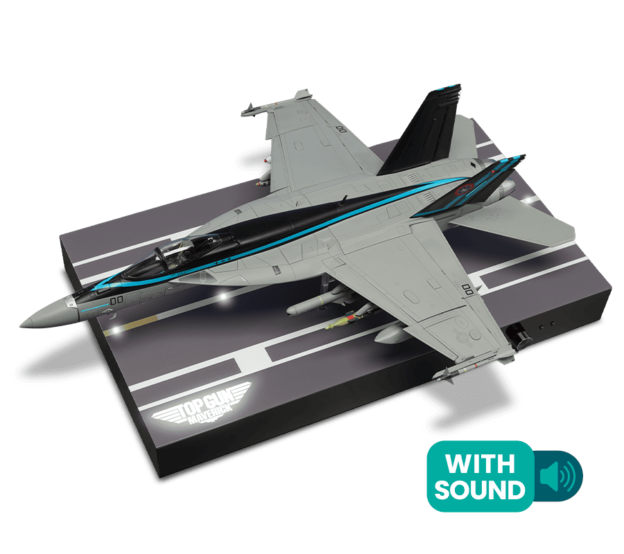Top Gun: Maverick fighter jet model on a display stand with film title and sound icon. Top Gun: Maverick fighter jet model on a display stand with film title and sound icon.